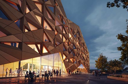 The golden building gets its shimmer from metal cartridges and strings of light